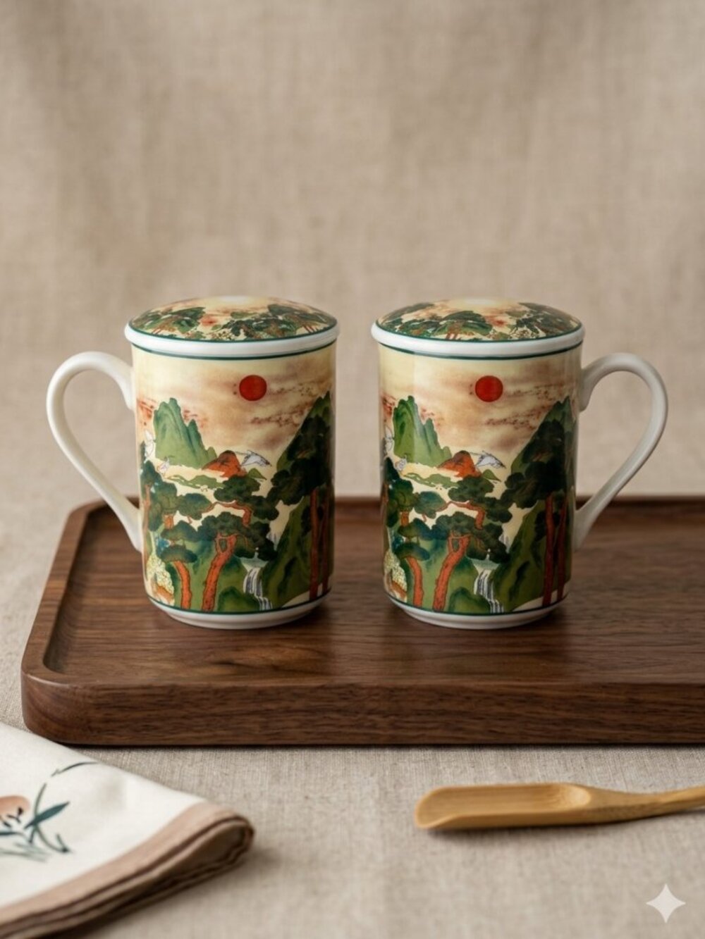 Fine China Oriental Tea Mugs with Lid Set 2 by Bossigi